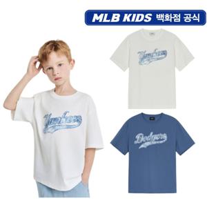 MLB키즈 모노그램 데님 컬시브 반팔티셔츠 (7ATSM0753BLD)