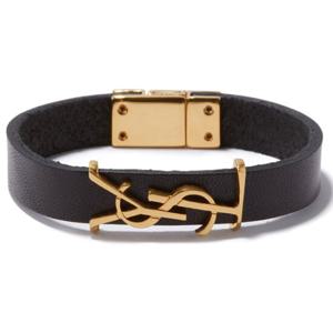 25 SS 생로랑 YSL 골드 모노그램 로고 가죽 팔찌 블랙 559355 0IH0J 1000