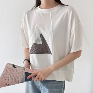 샵앤) 여성 라운드넥 배색 사선절개 반팔 티셔츠 21DS-WSH-4396-블랙