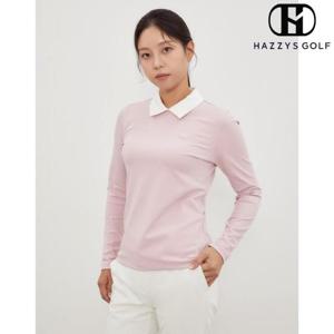 [헤지스골프] (HWTS4C921P1) 핑크 여성 카라 배색 긴팔 골지 티셔츠