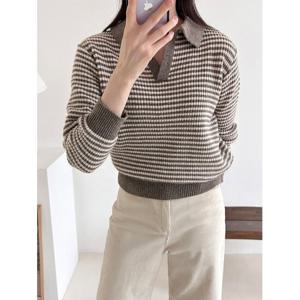 [샵앤]여성 국내산 배색 카라 슬릿넥 단가라 니트 티셔츠 21DS-WKN-3999-오트밀
