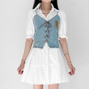[금찌] 데님 아일렛 베스트 셔츠 원피스 ST7414S