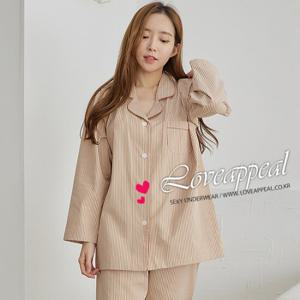 [러브어필] 국산 선염 스트라이프 베이지 상하 여자잠옷(WP9581)
