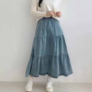 여성 데님 3단캉캉 허리밴딩 주름 롱스커트 21DS-WSK-2997-연청