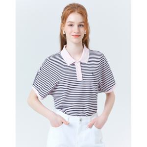 헤지스 여성 24SS BEST핑크 스트라이프 면혼방 반팔카라티셔츠 HSTS4BC34P1