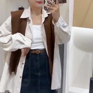 샵앤) 여성 카라넥 스트라이프 오버핏 간절기 블라우스 셔츠 SML-WBL-12126-베이지-z