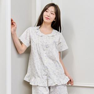 바풀 CA5V13116 여성잠옷 순면 파자마 여름 반팔 잠옷 상하 블루