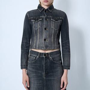 25 SS 발렌시아가 백 레이스업 워싱 코튼 크롭 데님 자켓 다크그레이 831697 TSW67 1441