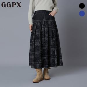 [지지피엑스]페이즐리 데님 배색 롱 스커트 (GP1SK014F)