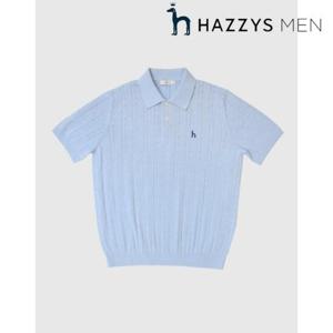 헤지스 남성 (HZSW5B553B1)  25SS  아이코닉  라이트 블루 케이블 반팔 카라 니트