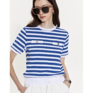 헤지스 여성 24SS BEST스테디셀러블루 스트라이프 면혼방 반팔티셔츠 WSTS4B303B2
