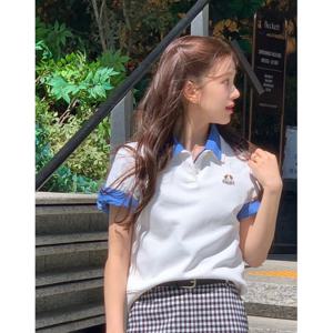 헤지스 여성 25SS 면화이트 퍼피 자수 폴로 반소매 카라 티셔츠 HSTS5BL53WT