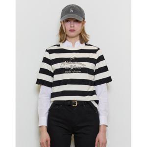 헤지스 여성  그래픽 스트라이프 릴랙스핏 반소매 티셔츠 블랙 HSTS5BC25BK