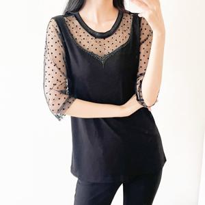 까르죠아 도트 망사 소매 칠부 티셔츠 엄마옷 빅사이즈 마담 블라우스 봄 여름 가을