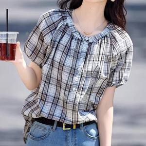 [블랙퀸] 루즈핏 체크 라운드넥 셔츠 blk003565