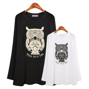 [허밍퍼플]여성용 2823-OWL 긴팔 T 티셔츠 발포 나염 부엉이 면 스판 슬라브 긴 소매 봄 가을 여성의류