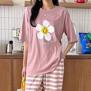 [유야]플라워 면 라운드 반팔 롱 티셔츠 꽃무늬 -TS0066H- 빅사이즈 루즈핏 여성 여름