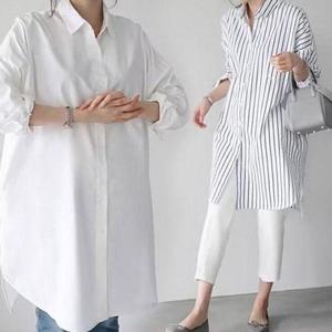 [셀러허브_여성트랜드패션]ONM 여성 오버핏 셔츠 롱 블라우스 가을 봄남방 화이트셔