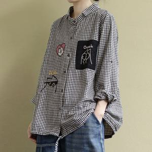 [퀸이즈] [~88까지]핀치 캐릭터 자수 포켓 포인트 루즈핏 체크 셔츠