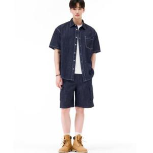 체이스컬트 HC09 남성 데님 반팔 셔츠+풀밴딩 카고 5부 데님 팬츠 상하세트