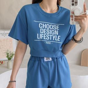 [옷자락] 여자 크롭 맨투맨반팔 블루트랙쇼츠 숏팬츠 츄리닝 세트