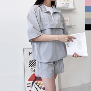 블레오 여성 여름 트레이닝복 아노락 반팔 티셔츠 밴딩 반바지 세트
