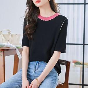 [유니제이] 라드 배색 라운드 반팔 니트티