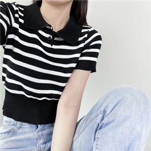 여자데일리룩 코디피셜 폴로카라 스트라이프반팔 여성니트탑스웨터