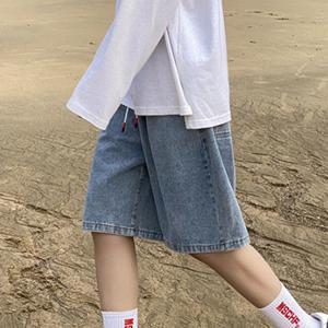루즈핏 데일리 데님 청 버뮤다 팬츠 밴딩 남성 봄 여름 남학생 중학생 와이드 5부 반바지