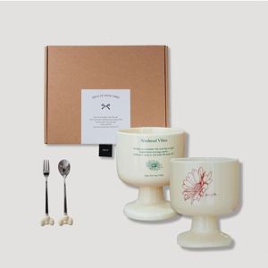선물세트 거베라 아이보리 세라믹 고블렛 디저트컵 240ml + 커트러리 (2P SET)