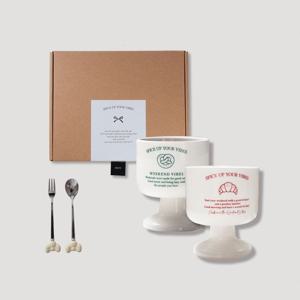 선물세트 브레드 화이트 세라믹 고블렛 디저트컵 240ml + 커트러리 (2P SET)
