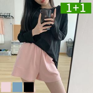1+1 여성반바지 4부 밴딩 면반바지 와이드 여름 A라인 포켓 숏팬츠