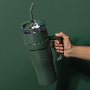 스텐빨대 대용량 텀블러 진공 보온보냉 휴대용 뚜껑 보틀 1.2L 카키