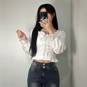 여성 아일렛 스모크 프릴 크롭 블라우스 티 3color 여자 퍼프 셔링 리본 긴팔 T90