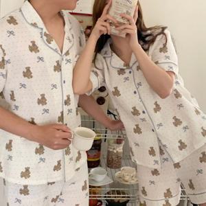 순면 블루 리본 베어 여름 반팔 커플 잠옷 신혼부부 파자마