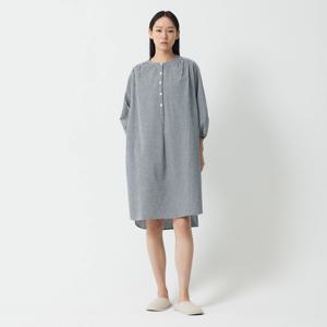 여 코튼 시어서커 체크 루즈핏 7부 파자마 원피스 (3 colors)
