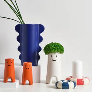 스마일 도자기 꽃병 화병 오브제 오렌지 화이트