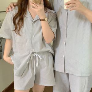여름 코튼 그레이 스트라이프 반팔 커플 잠옷 파자마세트
