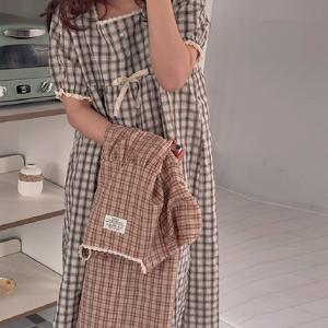 H made 루미벨 체크 시어서커 여성 프릴 여름 반팔 원피스 잠옷 2color