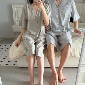 커플 빅사이즈 가능 국산 타임 스트라이프 여름 반팔 파자마 세트 4color
