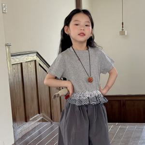체크 콤비 프릴 반팔 티셔츠 R14263