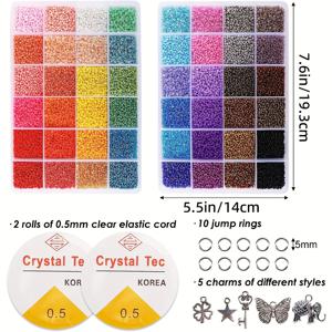 TEMU 보석 만들기 키트 - 44000개 2mm 유리 씨앗 비즈 48가지 색상으로 정리 케이스, 점퍼 링 및 스트레치 스트링이 포함되어 팔찌와 목걸이용으로