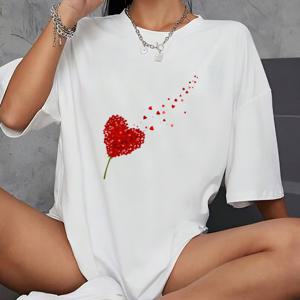 TEMU 여성용 캐주얼 블랙 티셔츠, 레드 하트 그래픽 - 반팔, 크루 넥, 100% 폴리에스터, 세탁기 사용 가능 - 스타일리시 여름 시리즈 티