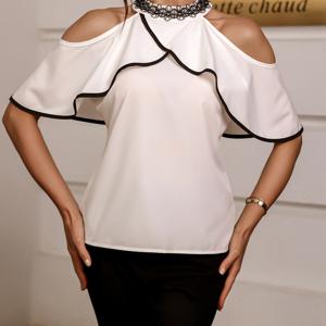 TEMU 여성용 우아한 블랙 앤 화이트 패치워크 블라우스 - 러플 칼라, 반팔, 폴리에스터 혼방, 여름 패션에 완벽함