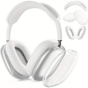 TEMU Apple Max 헤드폰용 3-in-1 보호 케이스 - 투명 소프트 TPU 및 실리콘 커버와 이어패드 프로텍터 2개 + 헤드밴드 커버, 방진 고품질 안티 스크래치, 충전 액세스 가능, 5가지 색상(화이트/그린/블루/투명/검정)