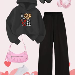 TEMU 여아용 가을 겨울용 데이 체크무늬 러브 패턴 프린트 후드티와 팬츠 세트