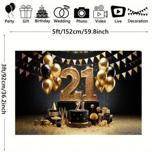 TEMU 1개 우아한 블랙 & 골든 21번째 생일 폴리에스터 배경 - 풍선, 컨페티 & 스트리머 디자인의 축제 파티 배너, 집 & 정원 축하, 포토 부스 소품에 완벽, 전원 필요 없음, 축하 배너|우아한 파티 테마|다용도 장식 원단, 생일 파티 장식