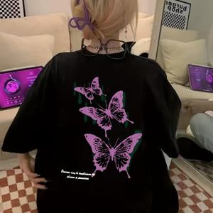 TEMU 여성용 여름 캐주얼 우아한 나비 프린트 티셔츠 - 루즈핏 롱라인 라운드넥 반팔 탑, 보라색 꽃무늬 디자인, 블랙 통기성 원단, 캐주얼 & 포멀 룩 스타일링에 어울리는 , 자연에서 영감을 받은 패션, 편안한 착용감