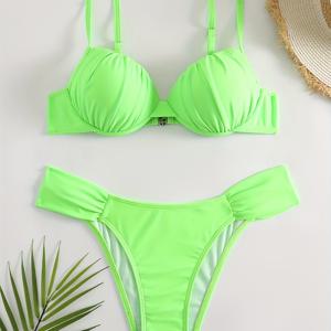 TEMU 그린 셔링 비키니 세트, V 넥 스파게티 스트랩 백 버클 백리스 하이 컷 비치웨어 2피스 수영복, 여성 수영복 및 의류