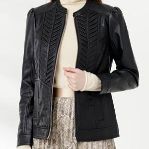 TEMU 패턴이 있는 여성용 우아한 합성 가죽 재킷 - 슬림핏 X-자형 실루엣, 리브 커프스 & 터틀넥, 기계 세탁 가능한 봄/가을 캐주얼 아우터웨어, 질감 마감